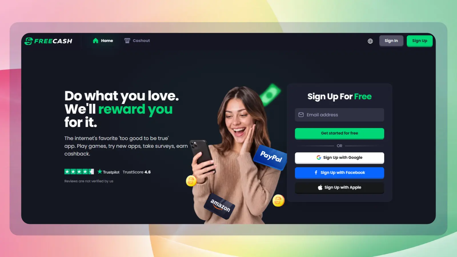 Freecash homepage promoting rewards for playing games, trying apps, completing surveys, and earning cashback, with a signup form
