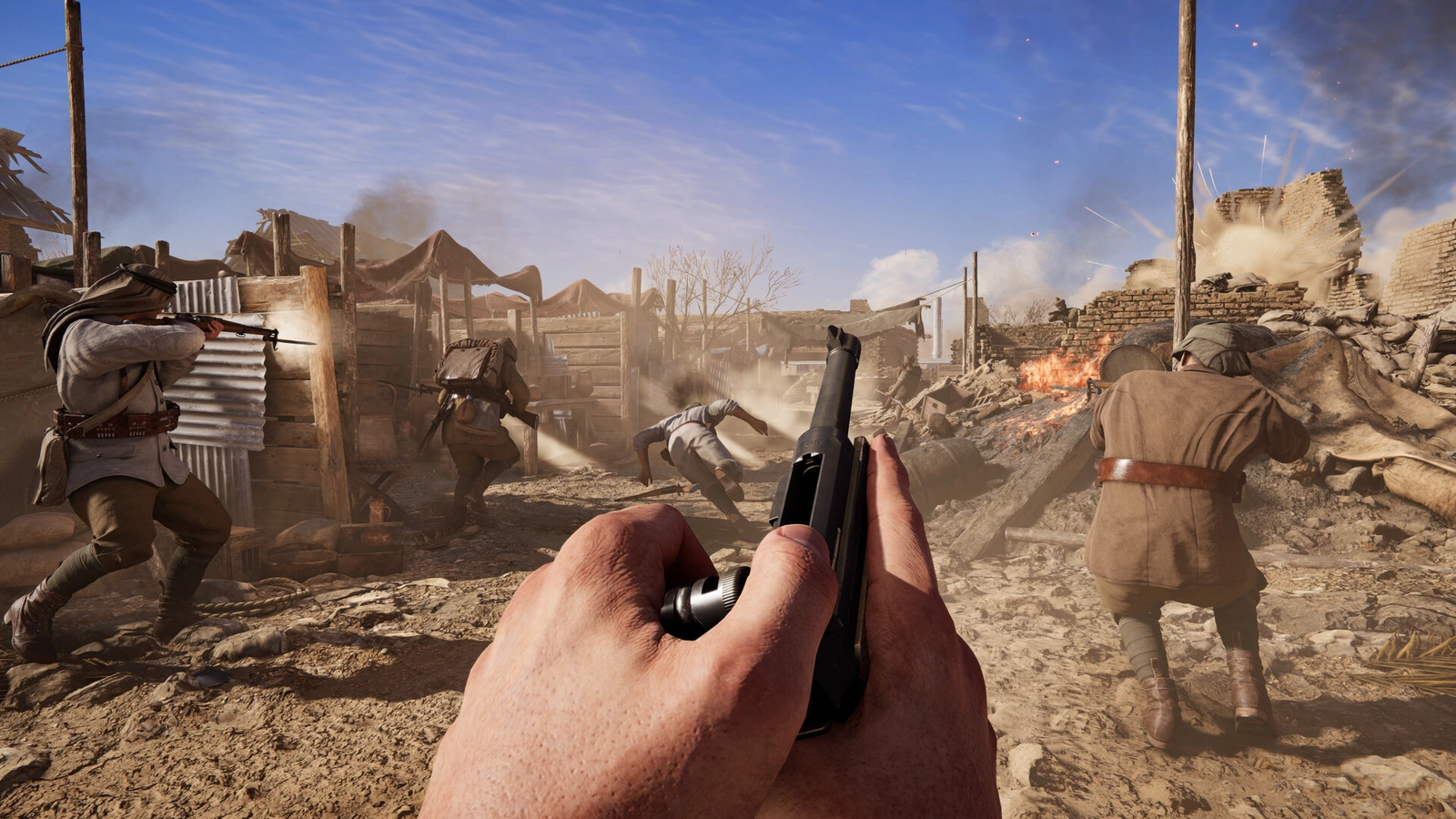 Gallipoli aiming pistol in ruined desert village firefight