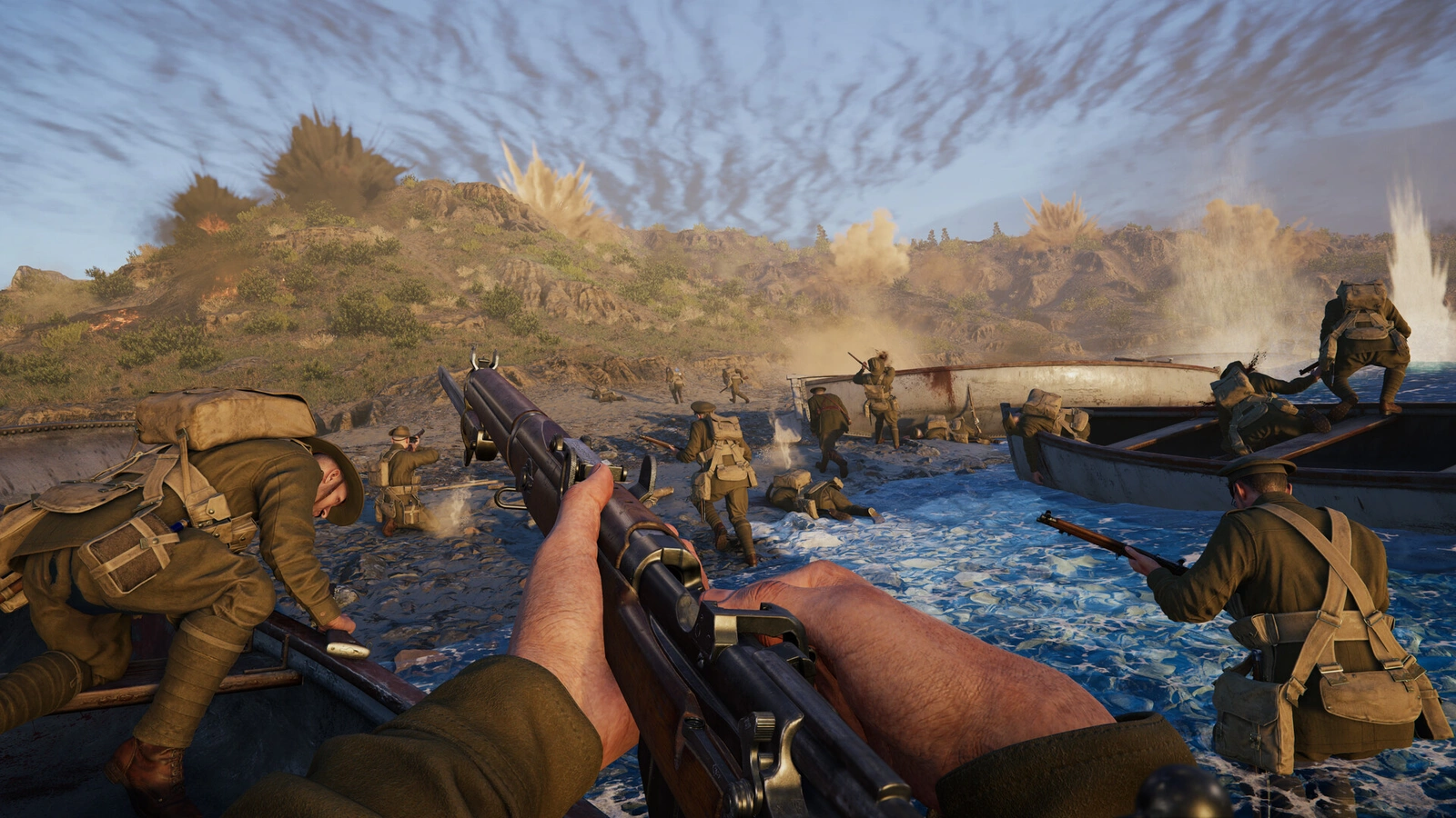 Gallipoli first person beach landing assault with rifle raised