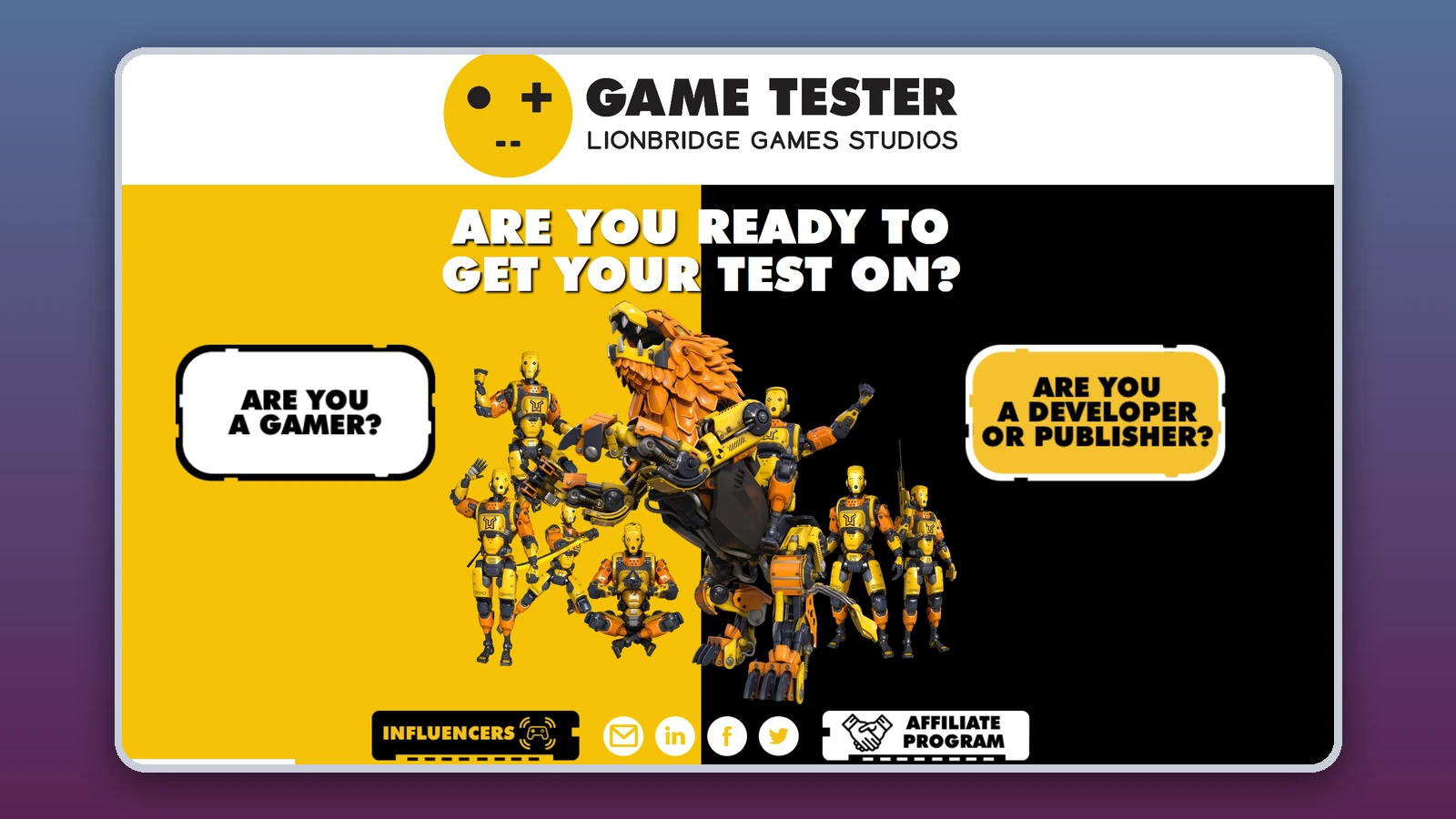 The Game Tester page by Lionbridge Games Studios reads “Are you ready to get your test on?” with yellow robot characters and options for gamers and developers