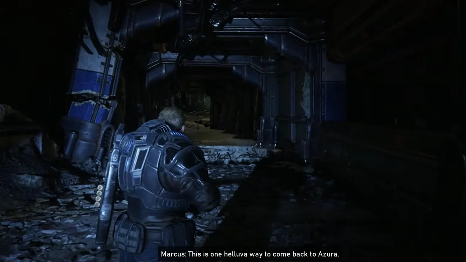 Gears 5 Marcus Fenix walks through a dark, ruined tunnel on his way back to Azura