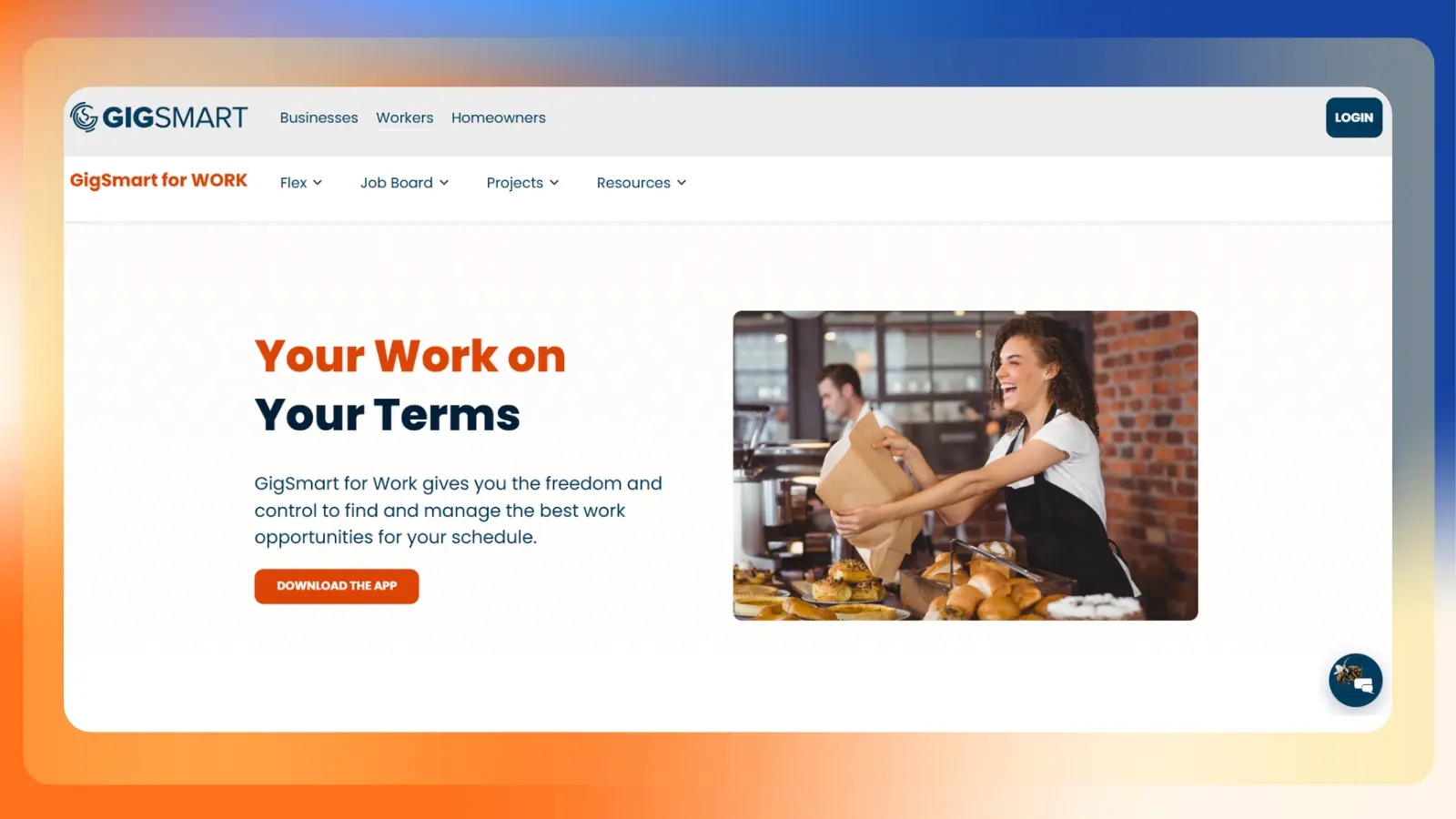 GigSmart for Work homepage promoting flexible work opportunities, with a photo of a worker holding a paper bag in a bakery