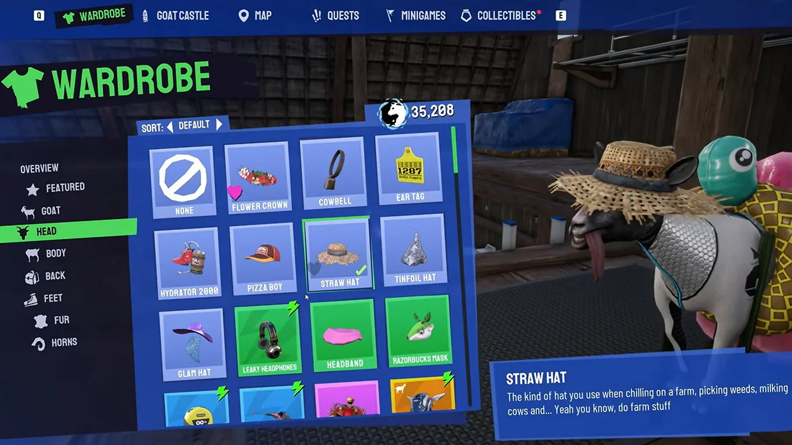 Goat Simulator 3 wardrobe menu with a goat wearing a straw hat and silly gear