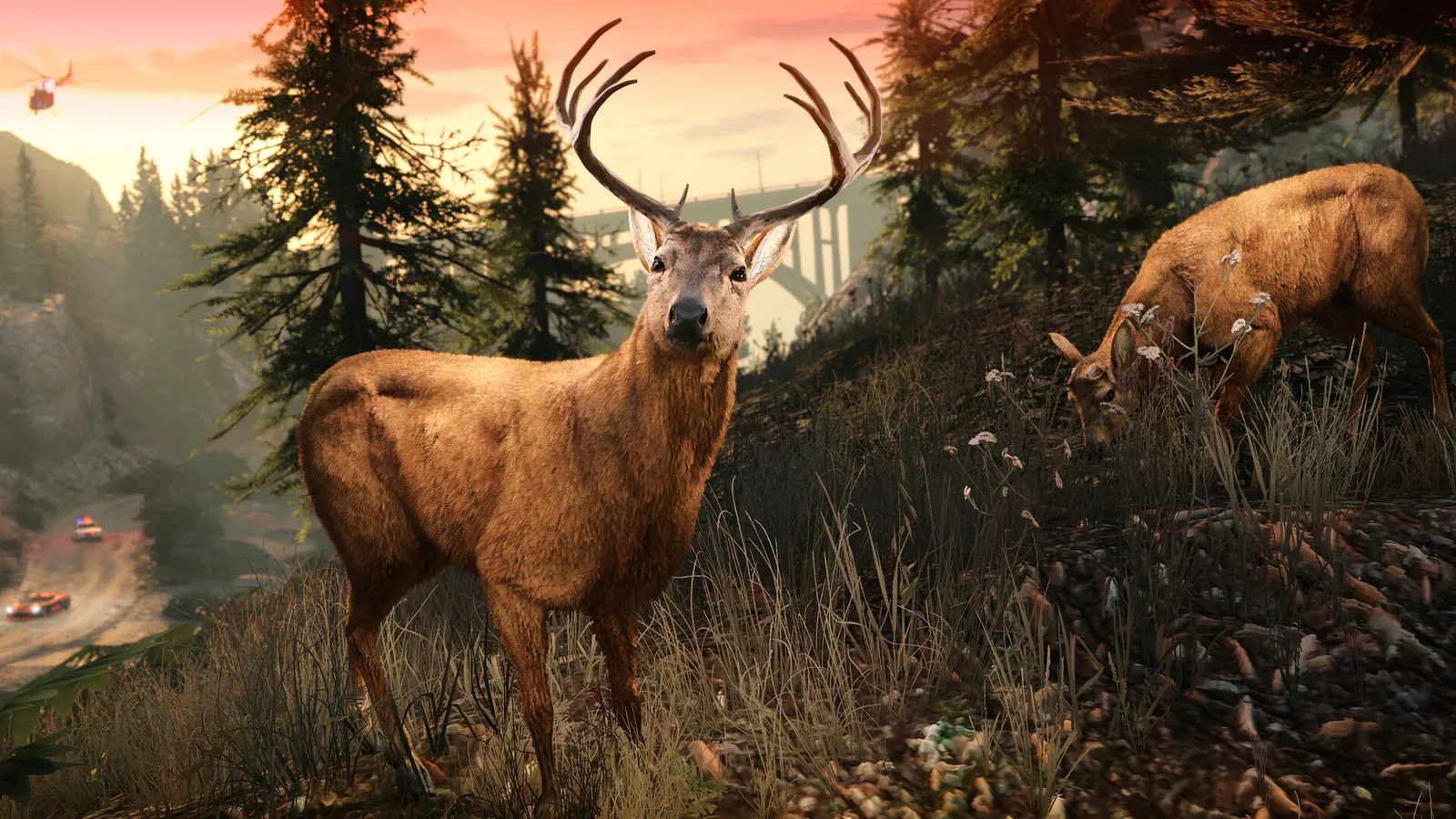 Grand Theft Auto V deer grazing on hillside at sunset