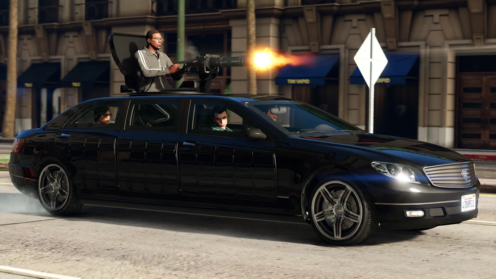 Grand Theft Auto V minigun mounted on limo sunroof