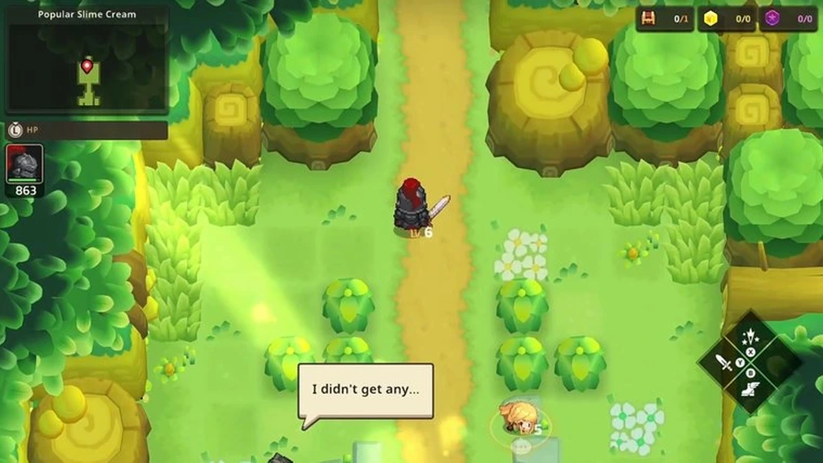 A pixel-style knight walks along a forest path while a character speaks in a speech bubble