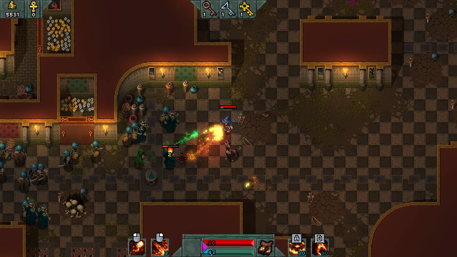 Hammerwatch - Le meilleur jeu de donjon en mode coopératif au style pixel art - Une vue de dessus montrant des héros combattant des monstres à l'intérieur d'un donjon de château au style pixel art