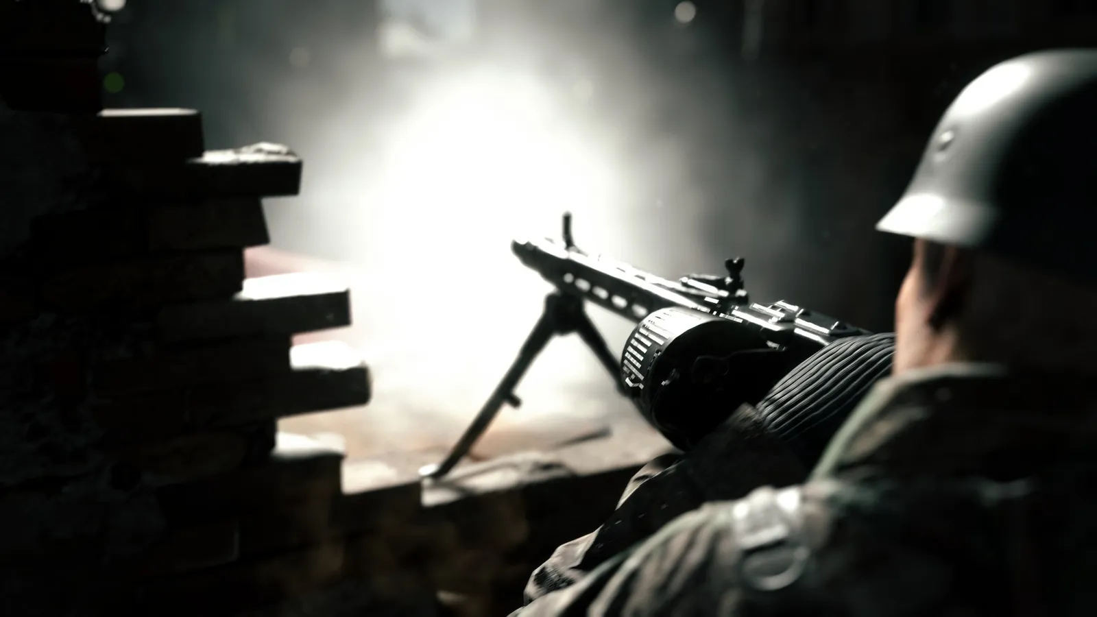Hell Let Loose machine gunner bracing mg42 in dark doorway
