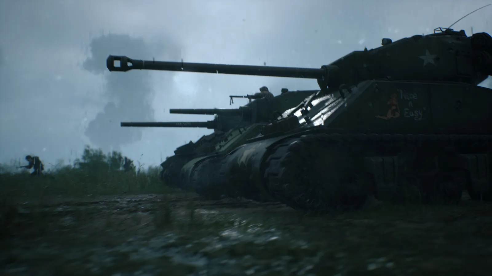 Hell Let Loose tank destroyers lined up in a field at dusk
