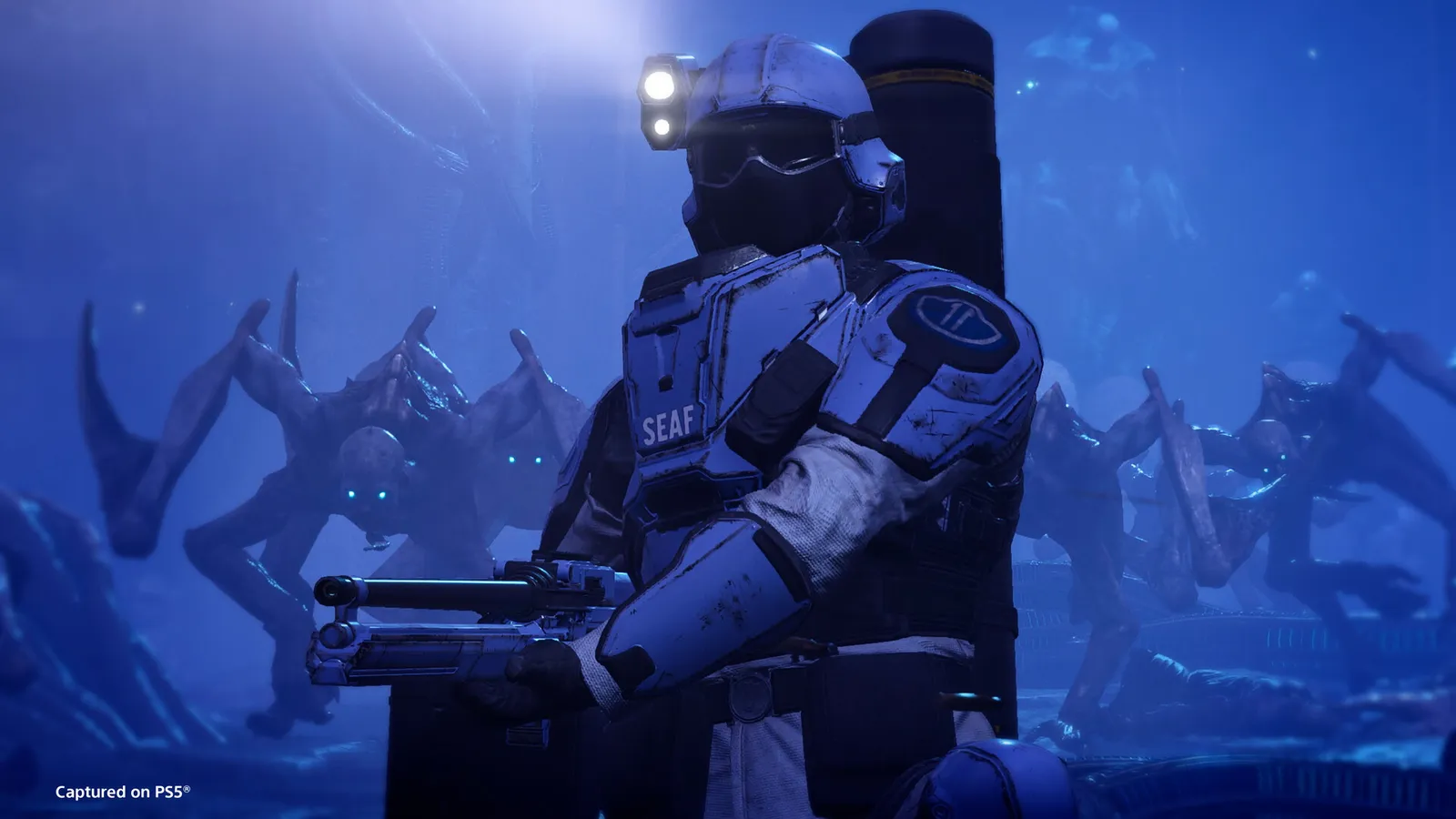 HELLDIVERS 2 helldiver aiming rifle amid terminid swarm