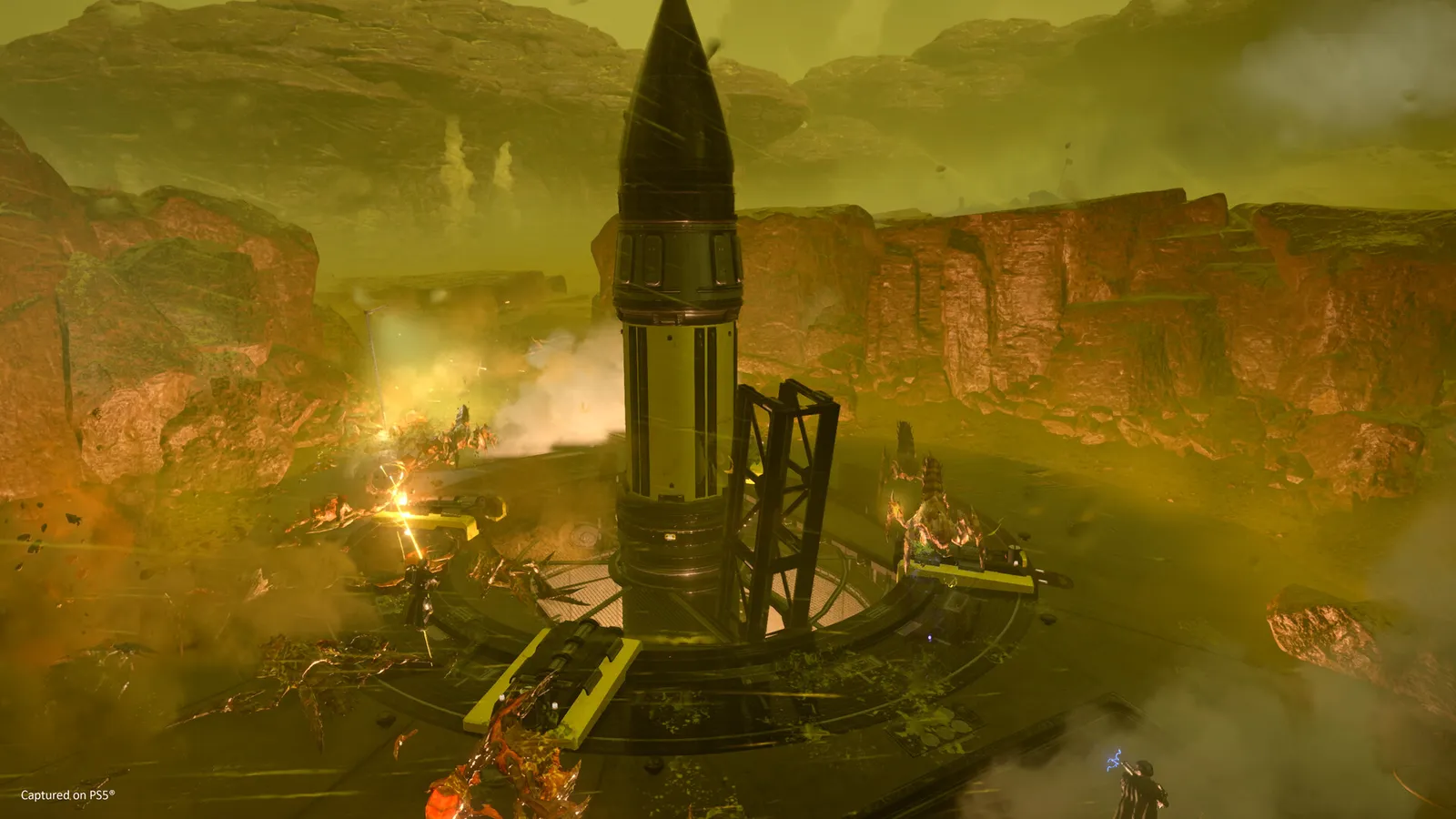 HELLDIVERS 2 rocket launching amid toxic gas
