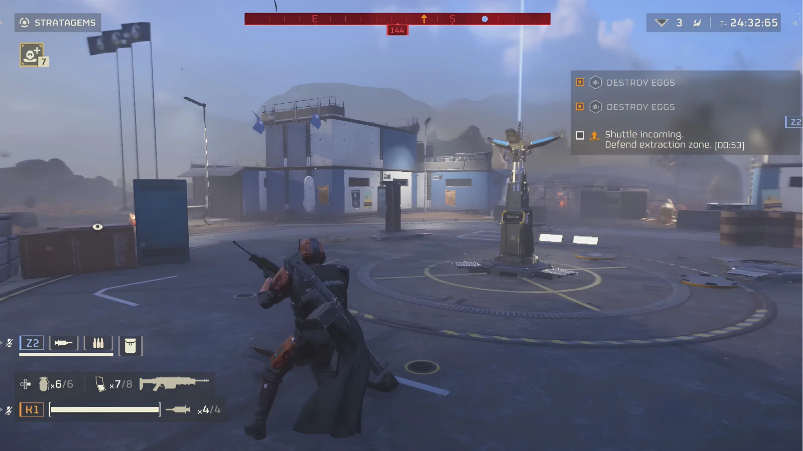 A player with a rifle standing on a shuttle platform