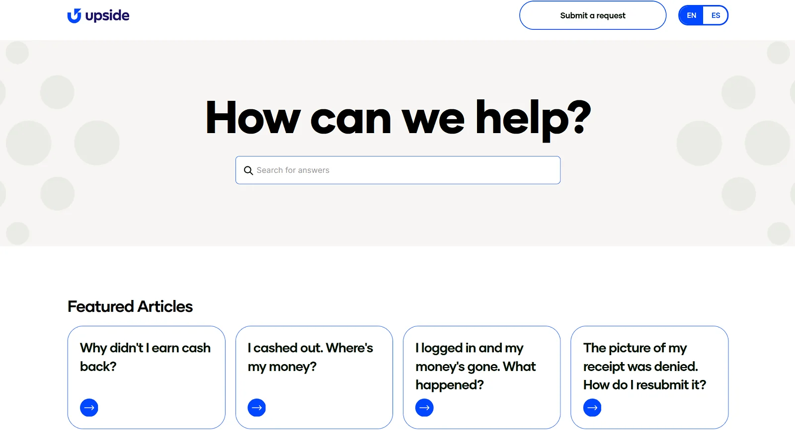 Help Center page on Upside