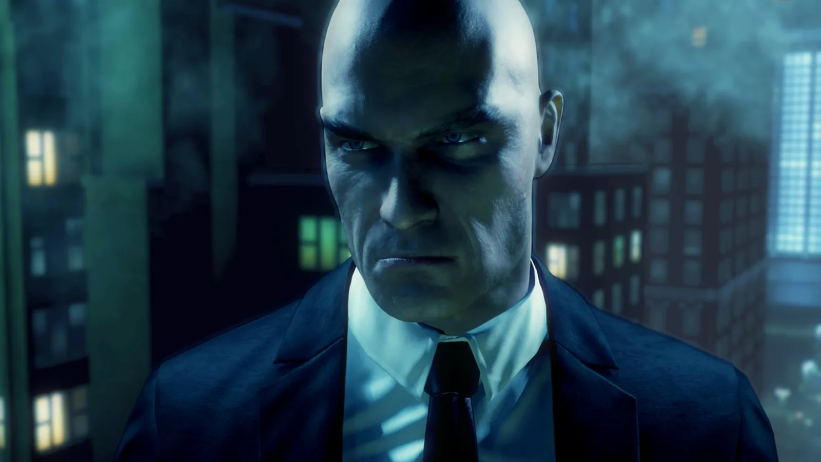 Hitman: Absolution agent closeup portrait night city