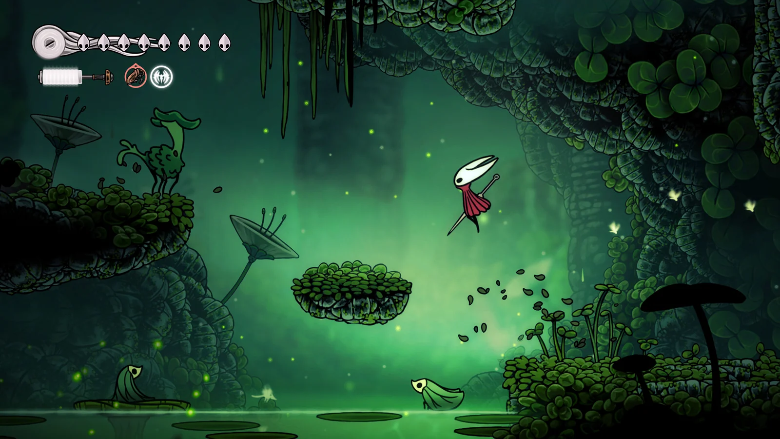 Hollow Knight - A obra-prima da exploração atmosférica - Uma imagem em deslocamento lateral do Hornet a saltar por uma caverna de um verde vibrante