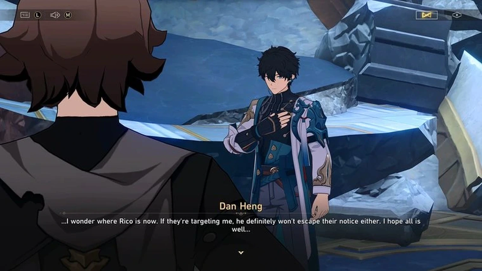Dan Heng speaks during a cutscene among icy rocks