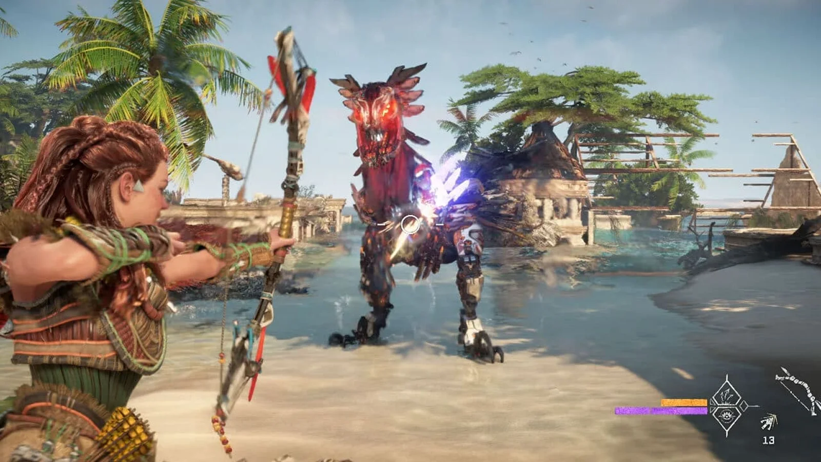 Horizon: Forbidden West: una visuale in terza persona di una ragazza che punta un arco contro un dinosauro meccanico bipede