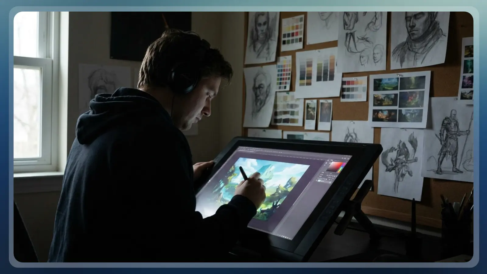Concept artist comparing character thumbnails with a finished digital painting