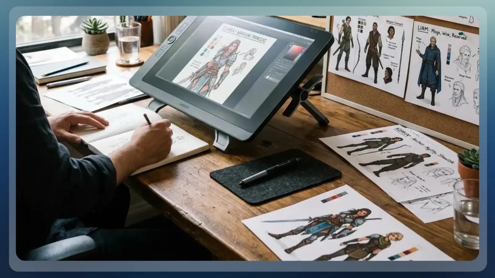 Portfolio project showing a written brief, exploratory sketches, revisions, and final concept art