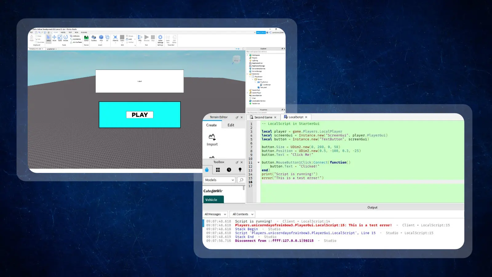 Finished beginner Local Script with an interface change visible during testing