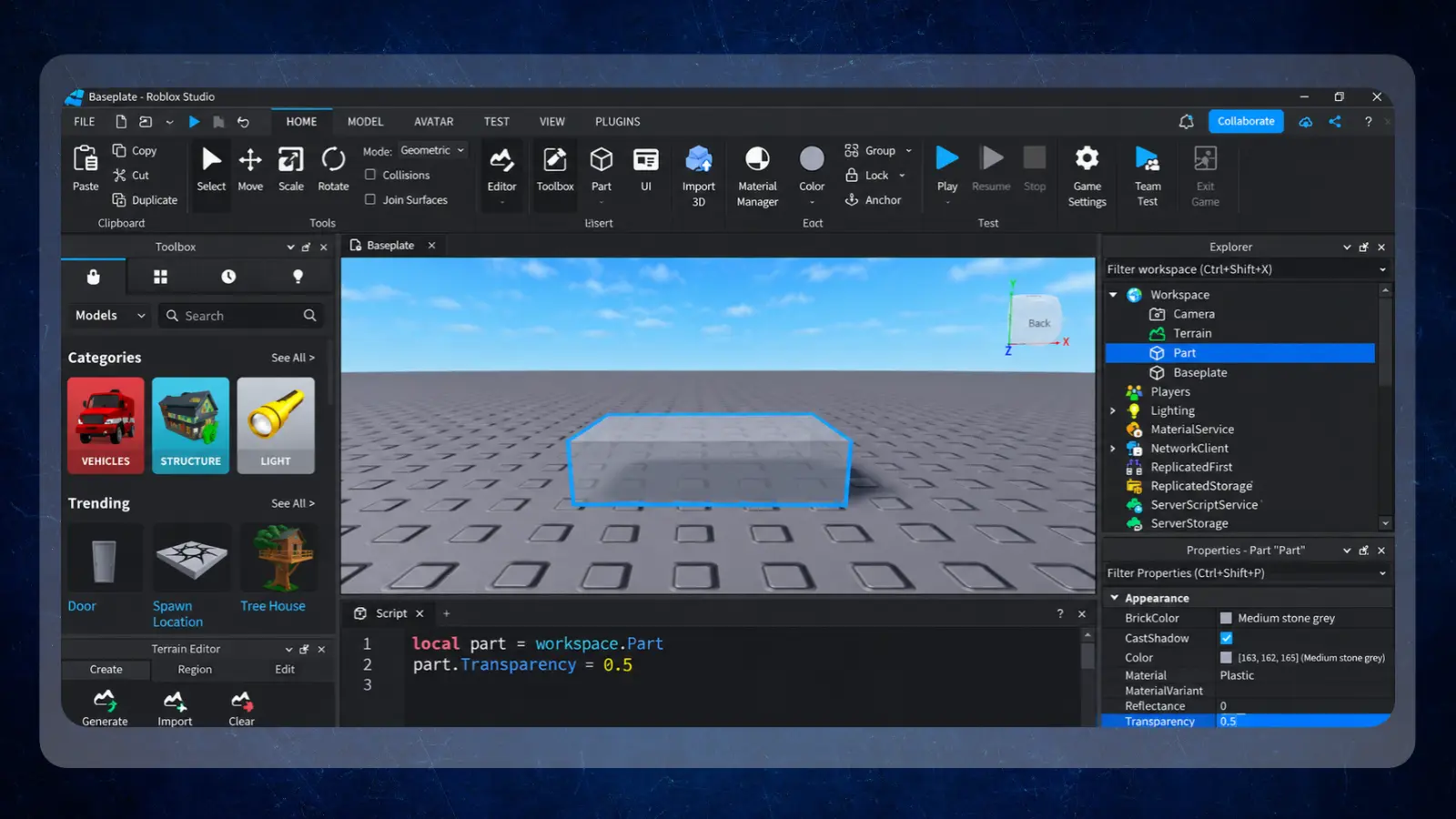 Simple Lua script beside the Roblox object whose transparency it changes