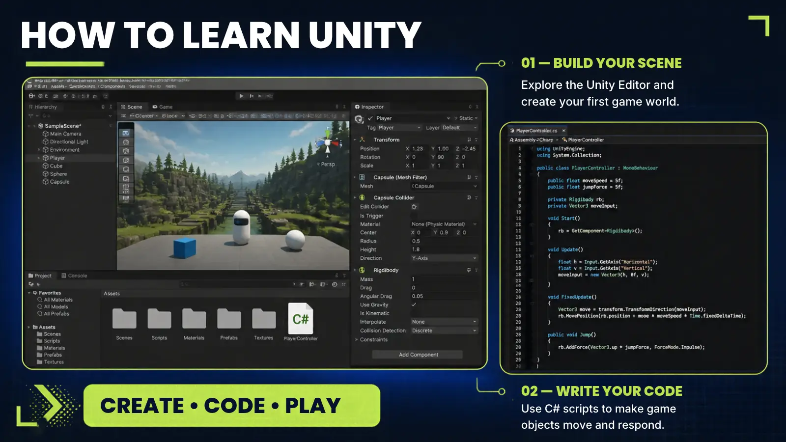 Unity Editor showing a beginner game scene beside a C# script