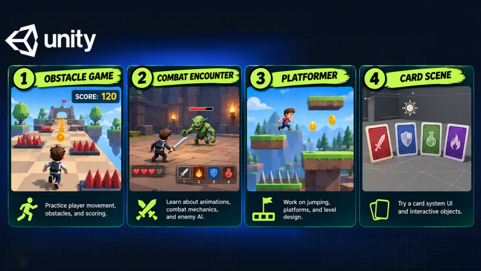 Progression of small Unity projects including an obstacle game, combat encounter, platformer, and card scene