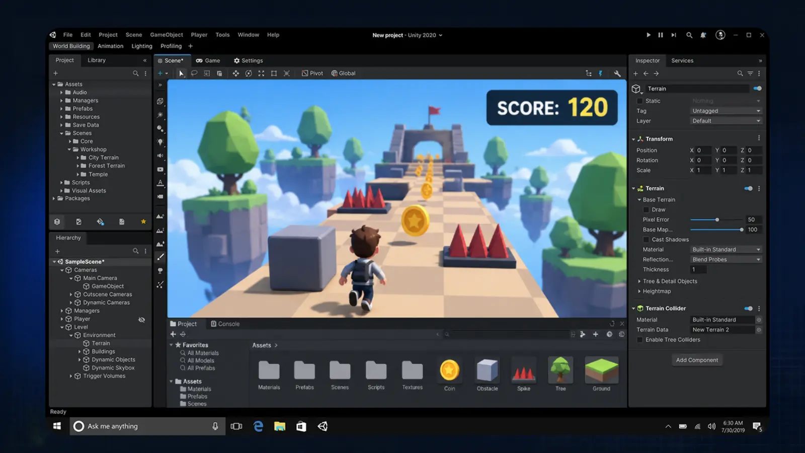 Small game prototype with a player character, obstacles, and a score display in Unity
