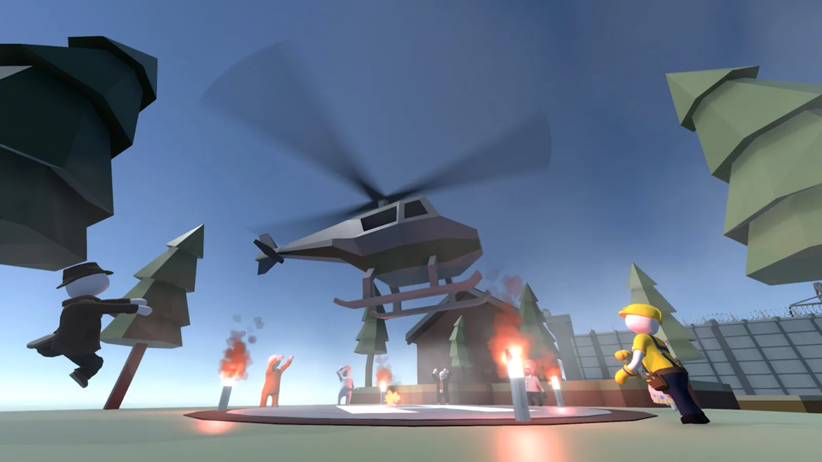 Human: Fall Flat helicopter rescue above burning signal flares