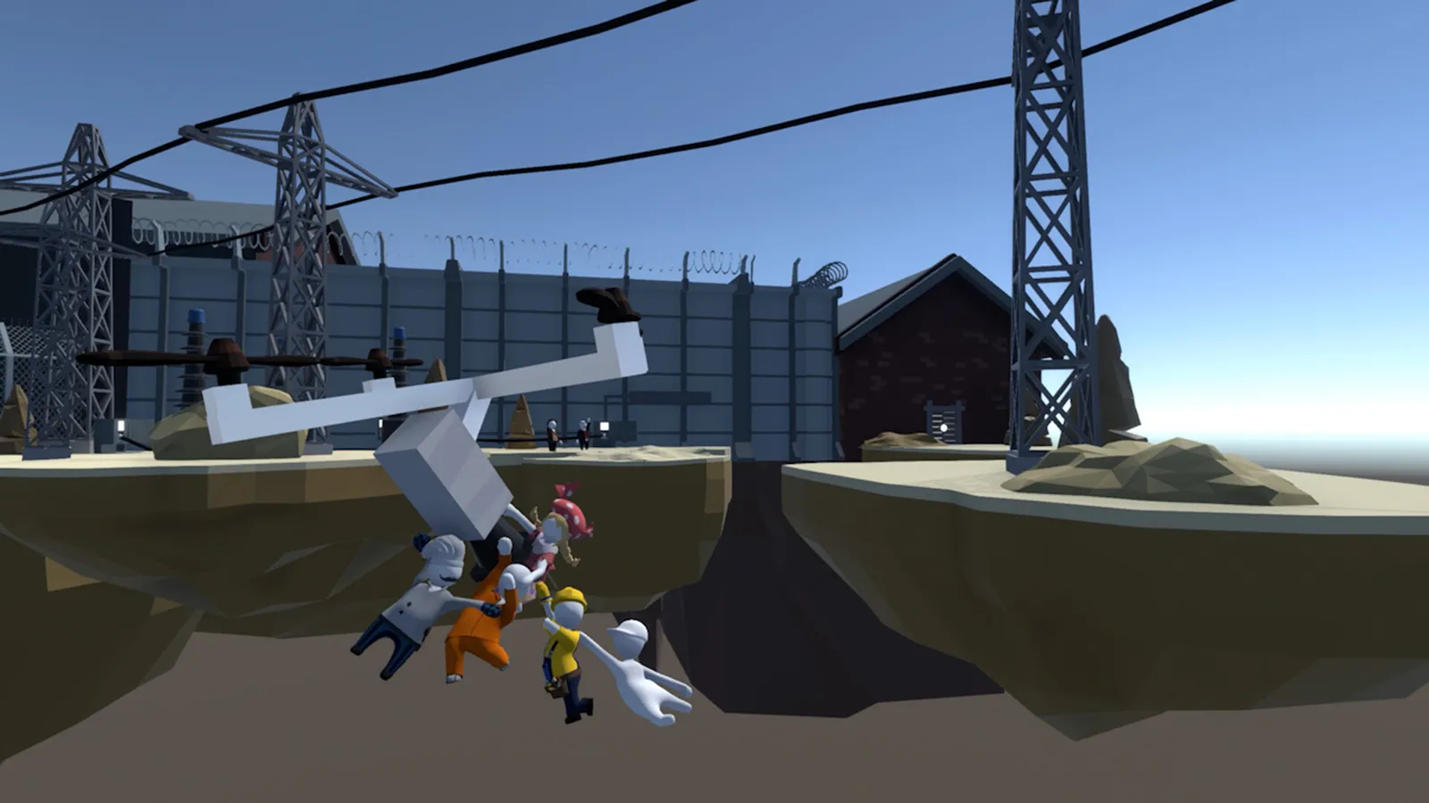 Human: Fall Flat ragdolls dangling over canyon gap