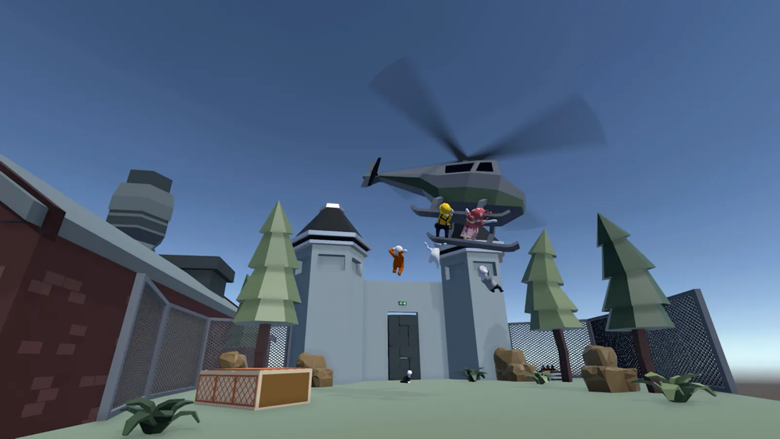 Human: Fall Flat ragdolls jumping toward hovering helicopter