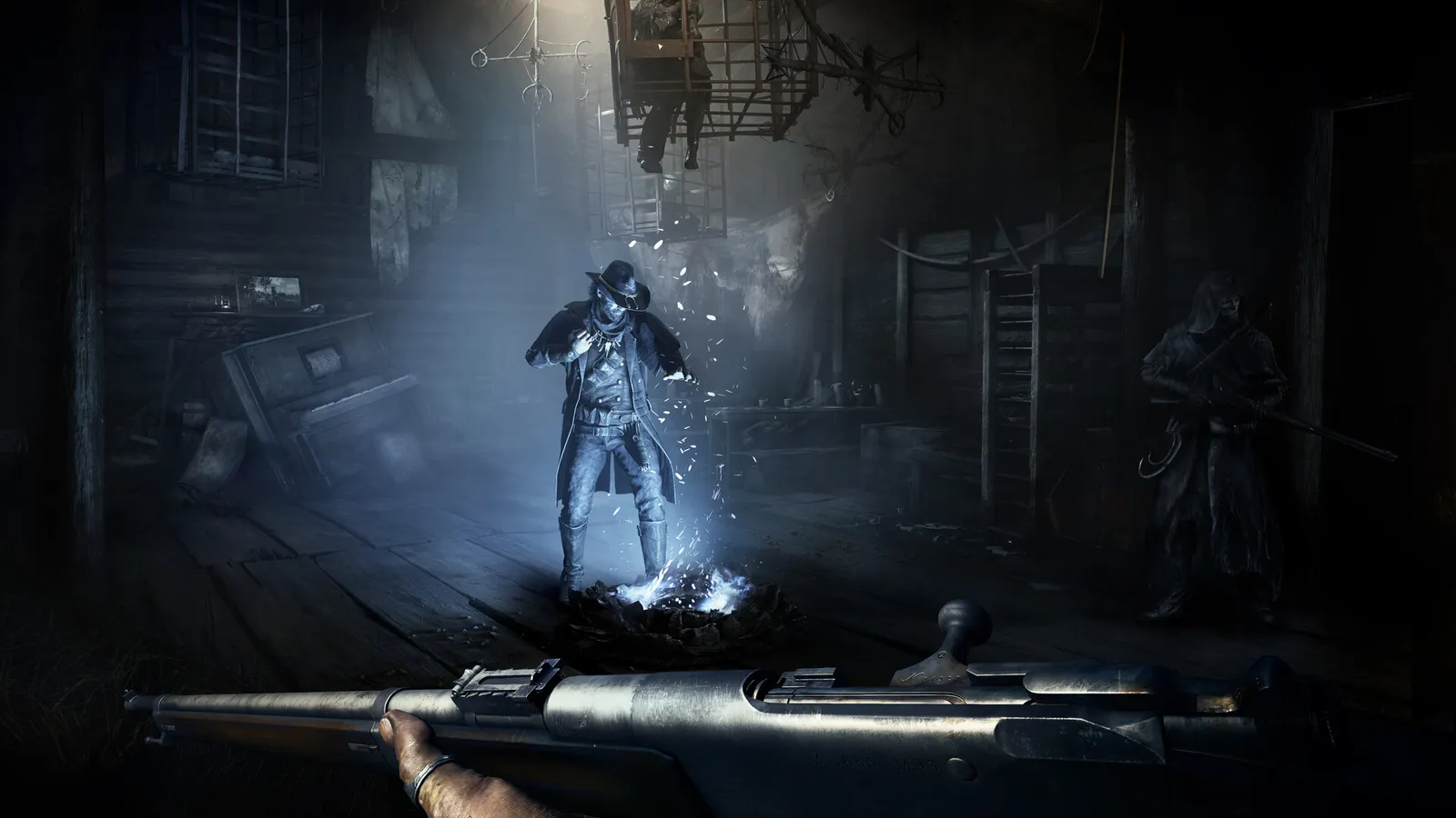 Hunt: Showdown 1896 glowing ghostly figure confronted by a hunter with a rifle