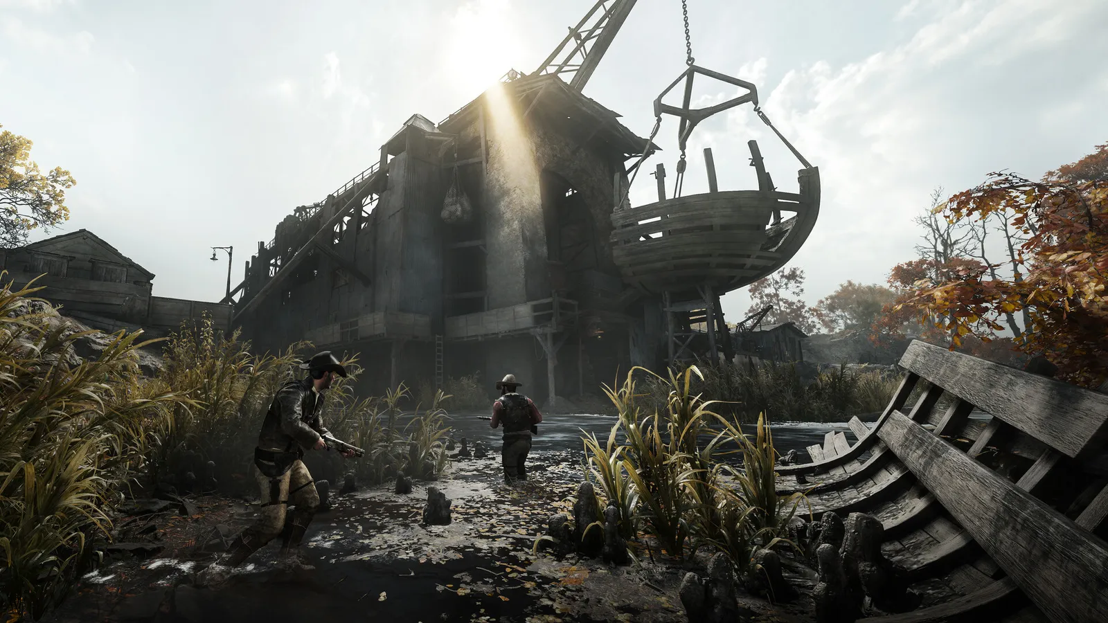 Hunt: Showdown 1896 two hunters wade toward a ruined dock and crane