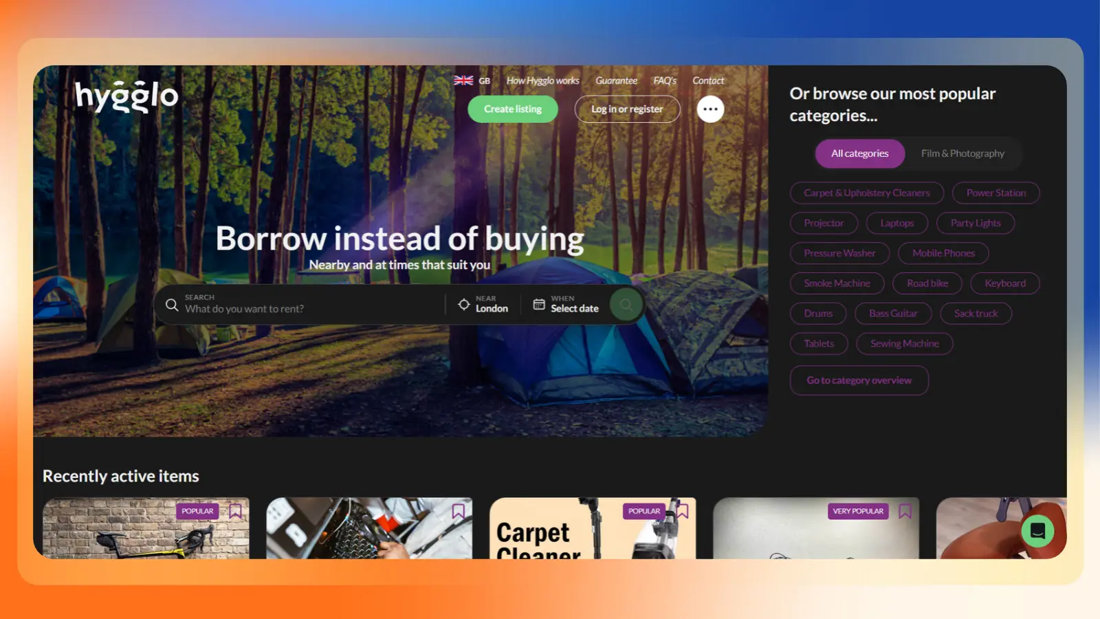 Hygglo rental marketplace homepage featuring a campsite, rental search options, and popular categories including laptops, projectors, and power stations