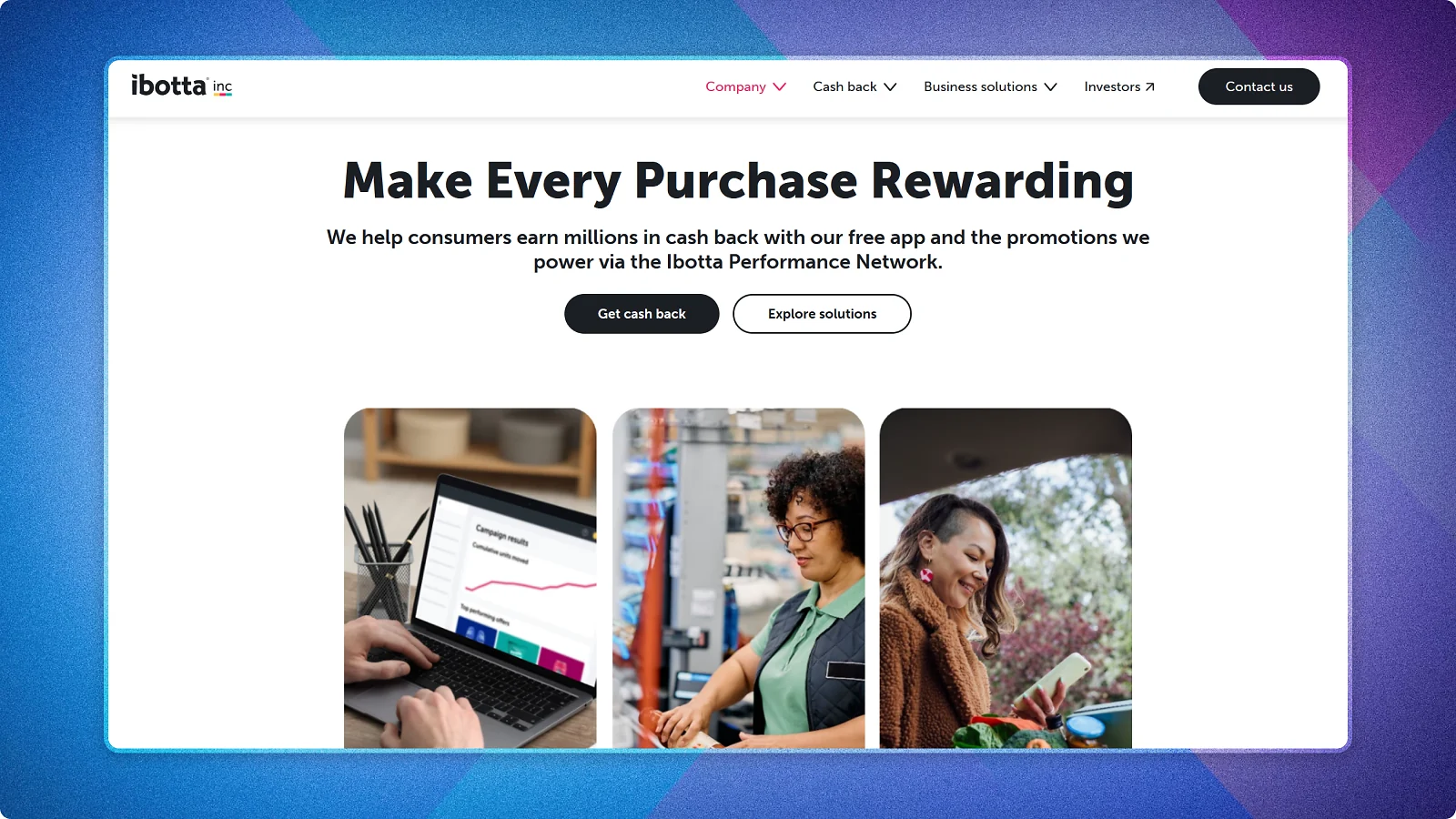 Ibotta cashback platform homepage with mobile shopping imagery