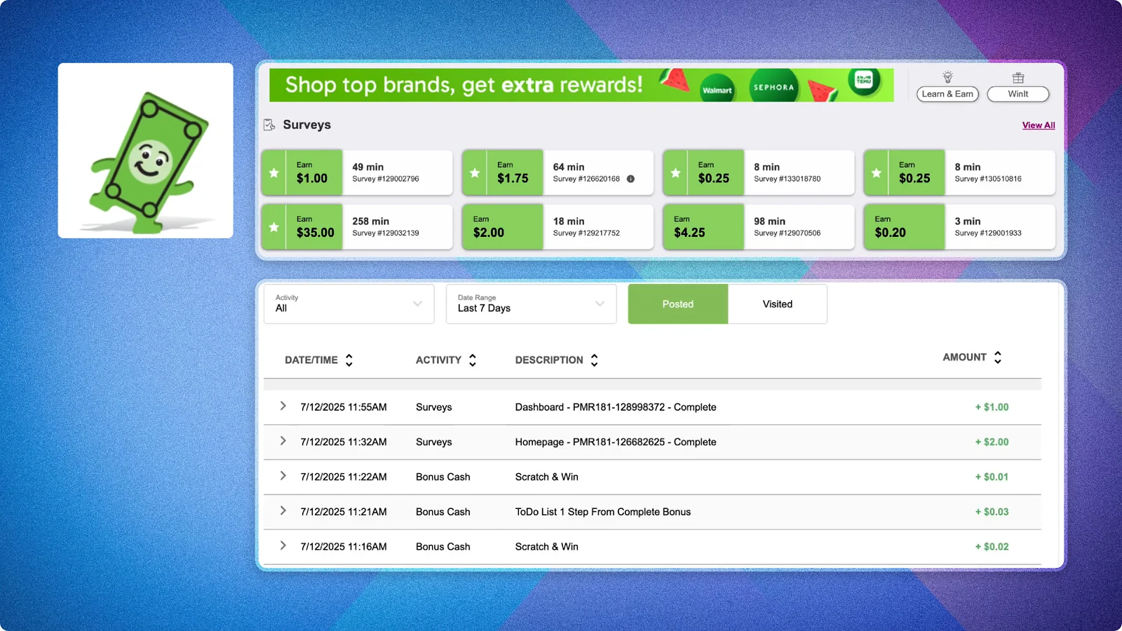 InboxDollars rewards dashboard with available earning activities.