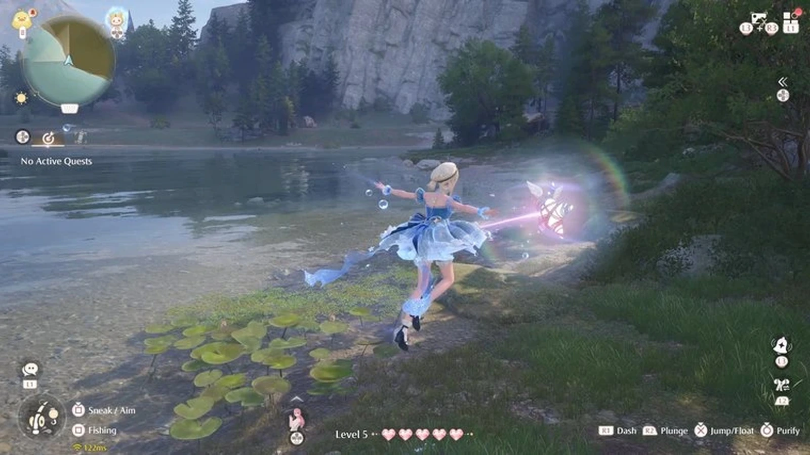 A girl in a blue dress uses a glowing magic ability beside a lake with lily pads