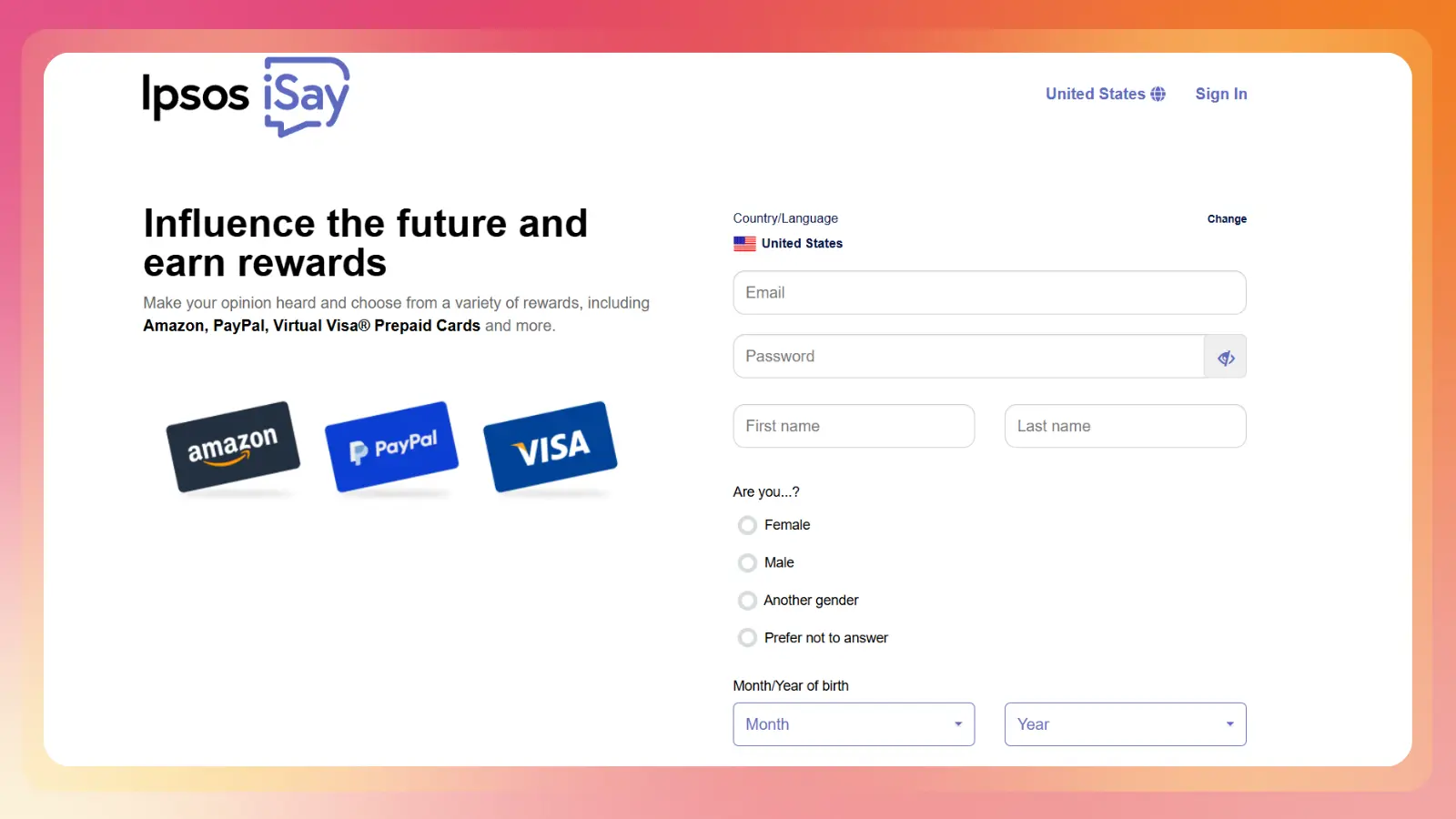 Ipsos iSay signup page showing survey rewards including Amazon, PayPal, and Visa prepaid cards