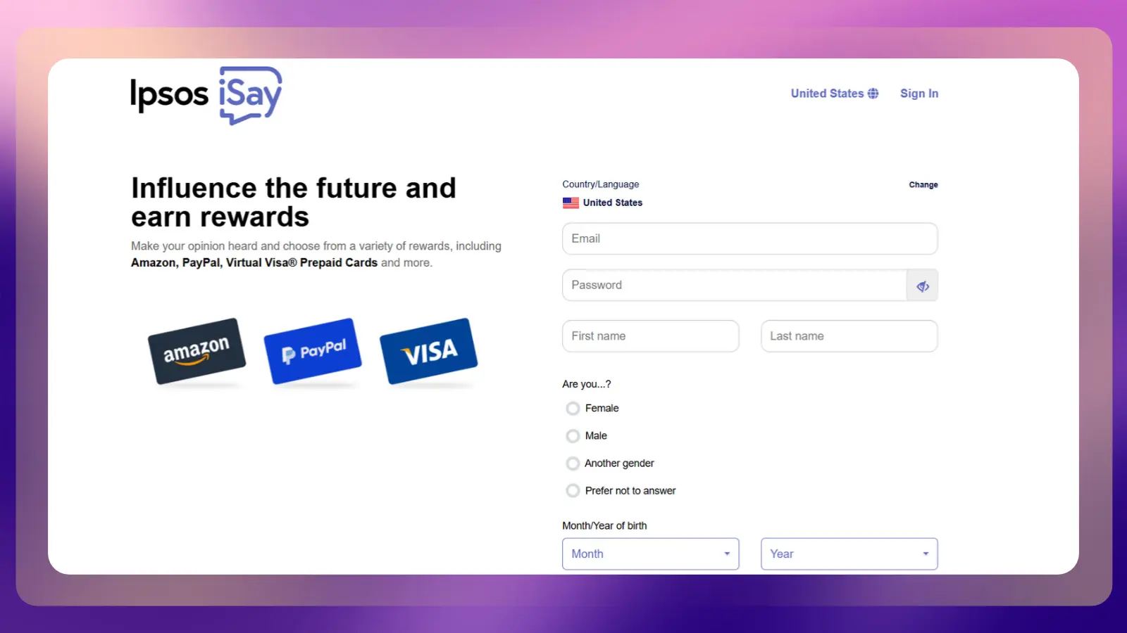 Ipsos iSay registration page promoting rewards for sharing opinions, with Amazon, PayPal, and Visa reward card graphics and a sign-up form