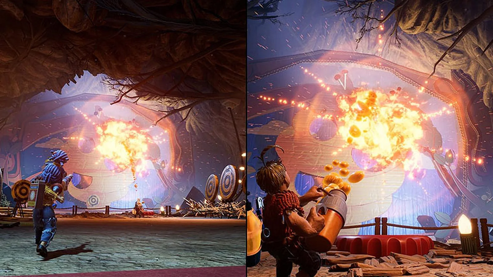 It Takes Two split-screen as Cody and May fire at glowing targets inside a tree cave