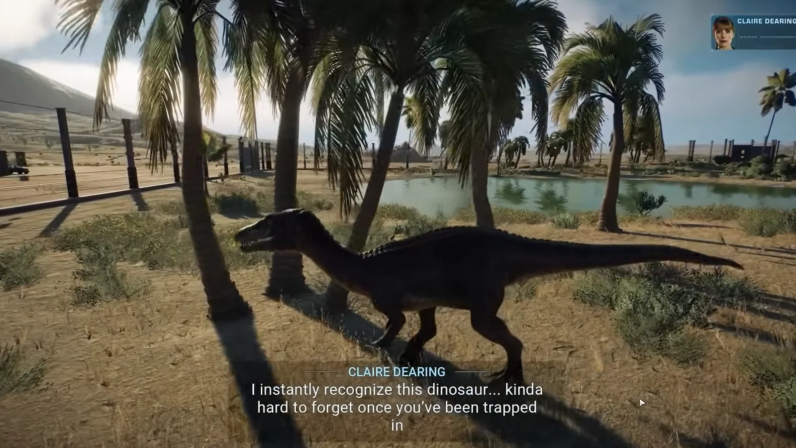 Dinosaur walks through a tropical park enclosure.