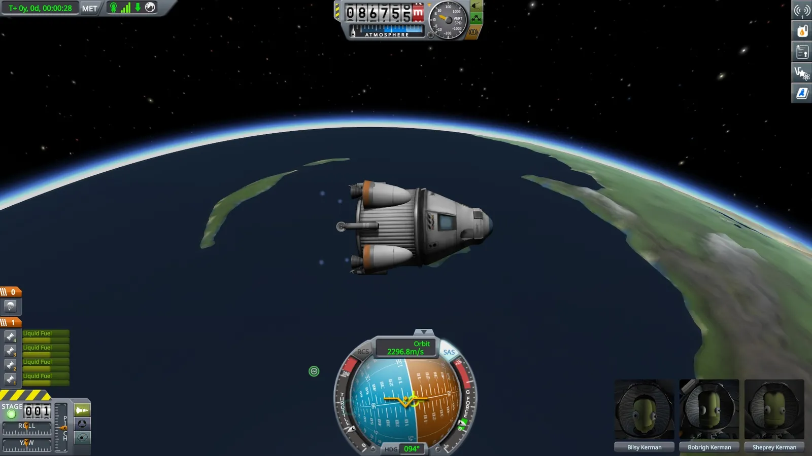 Kerbal Space Program capsule orbiting kerbin with crew