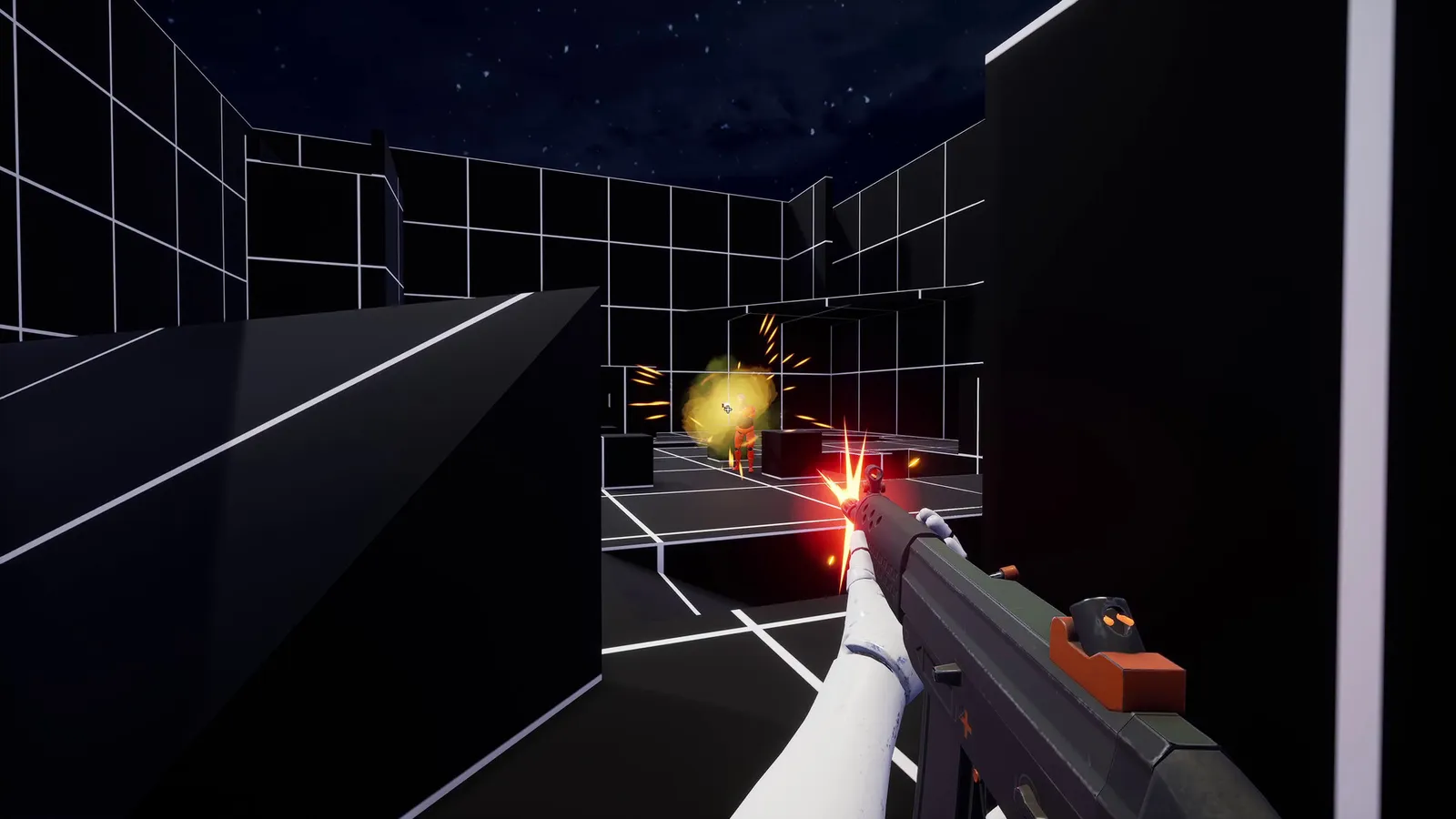 KovaaK's kovaak s dark grid wireframe arena shooting orange target with muzzle flash