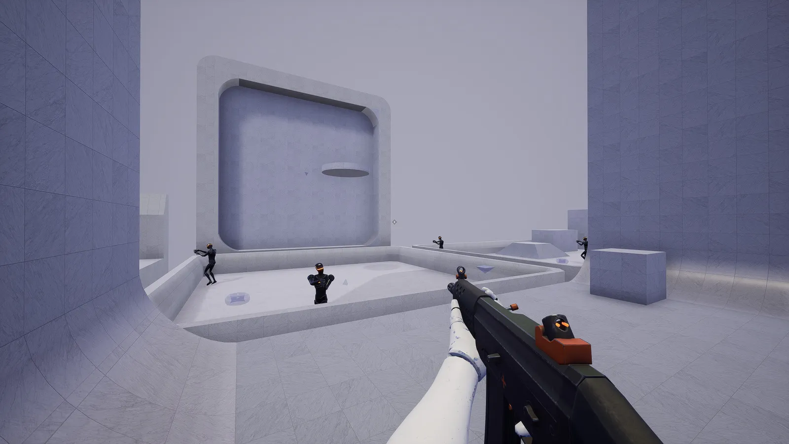 KovaaK's kovaak s first person shooting practice against black suited humanoid targets in white room