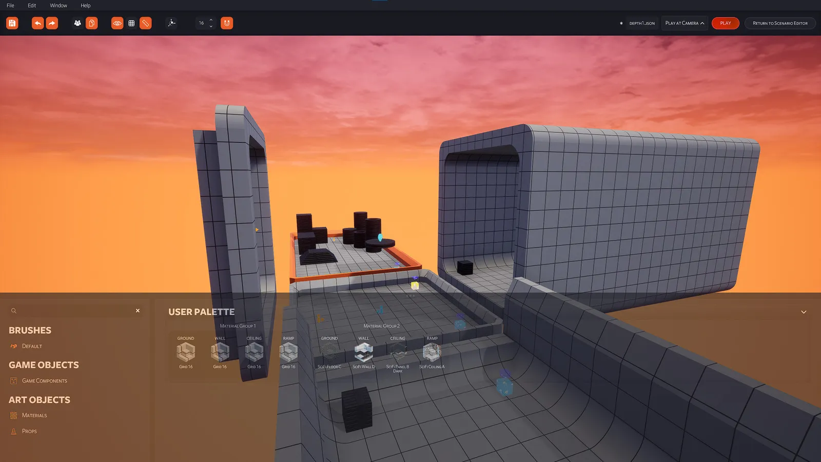 KovaaK's kovaak s scenario editor overview of sci fi level geometry at sunset