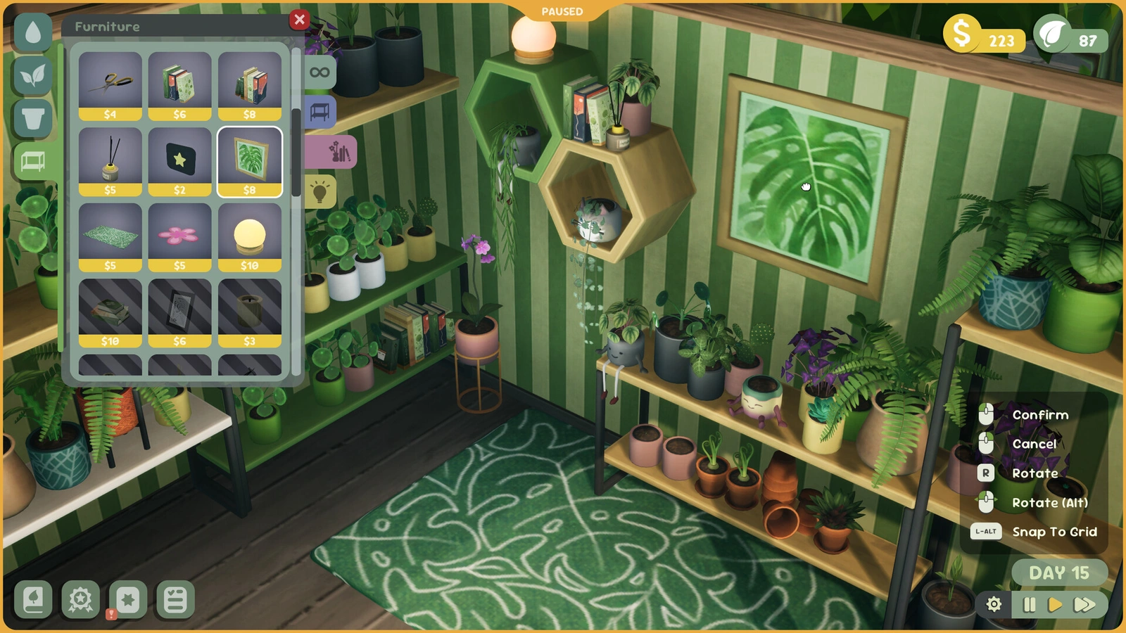 Leafy Corner furniture shop menu with a monstera leaf picture frame selected