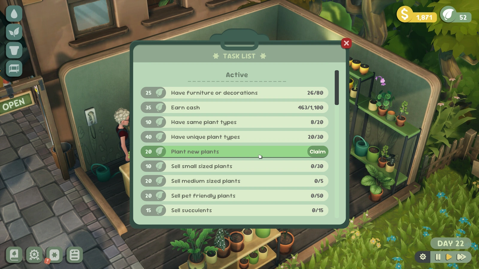 Leafy Corner task list screen showing active shop goals and progress