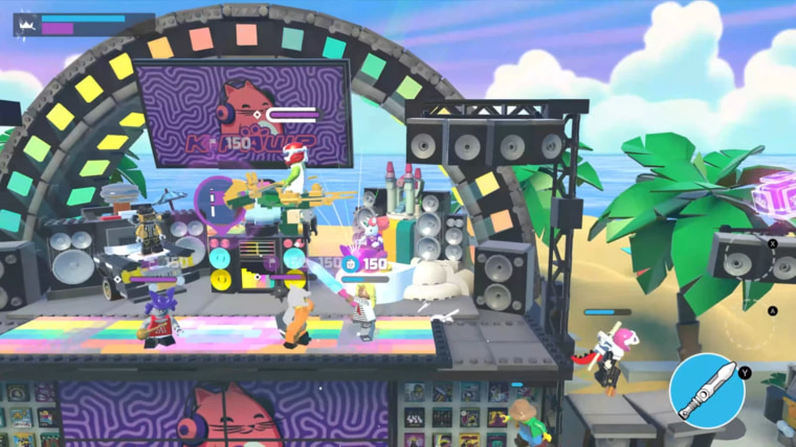 Minifigures battle on a colorful beach concert stage with giant speakers and palm trees
