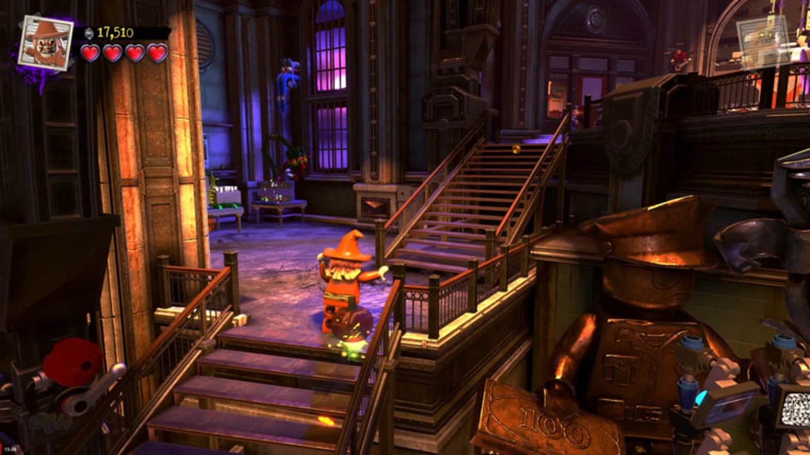 Scarecrow walks through a grand Gotham police station lobby with wooden staircases and a bronze officer statue