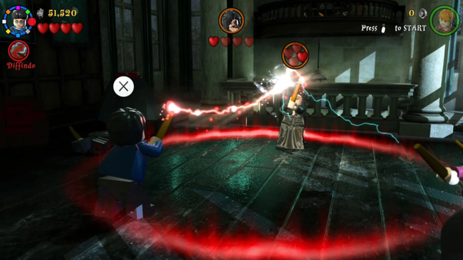 Harry casts a red spell at Bellatrix in a magical wand duel inside a dark hall